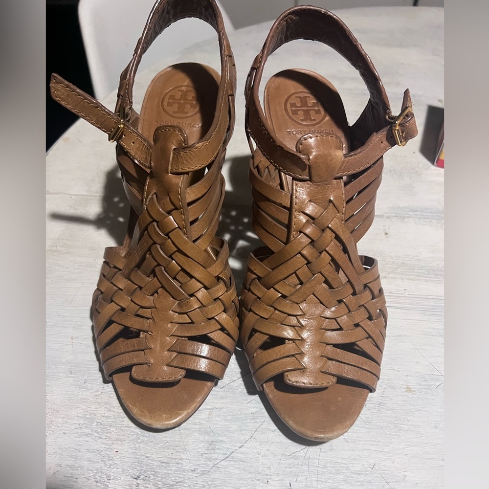Tory Burch Brown Woven Leather Fisherman heeled Sandals Ankle Strap